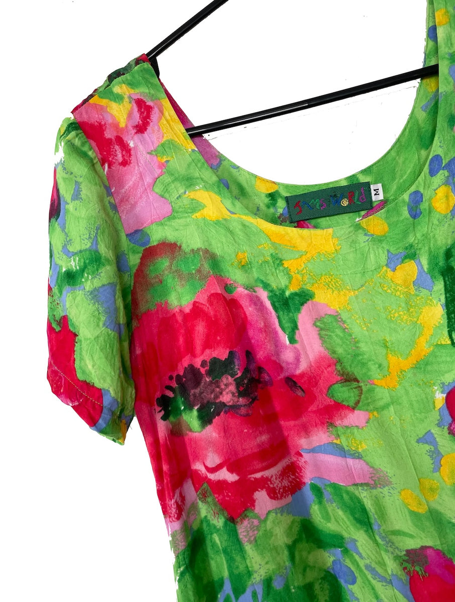 Vintage 90s Colorful Floral Print Drop Waist Babydoll Dress  Total Recall  Vintage