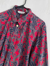 Load image into Gallery viewer, Vintage 80s Silky Red and Blue Paisley Print Faux Pearl Button Down Blouse
