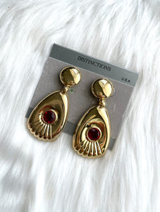 Vintage Large Faux Gold Dangling Red Gemstone Earrings