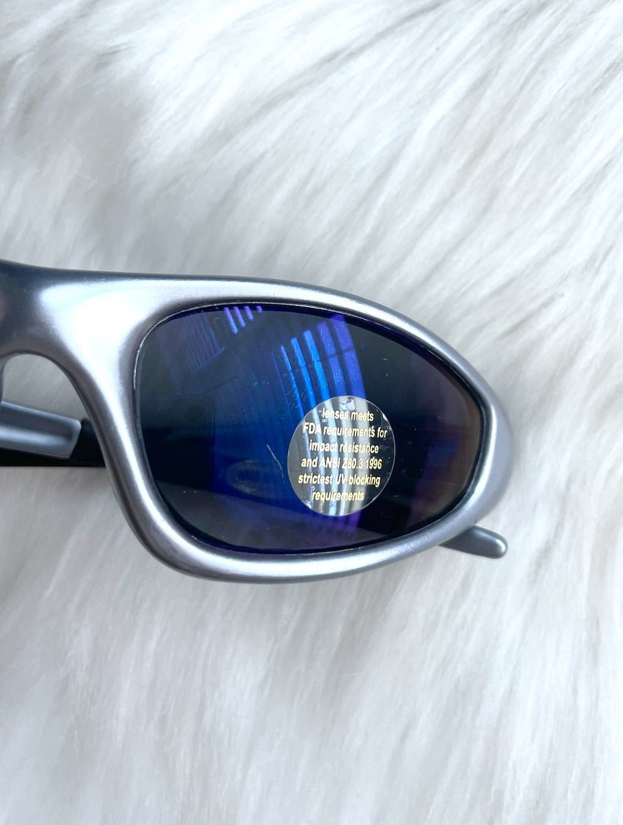 Vintage Y2K Silver and Reflective Blue Wraparound Sunglasses