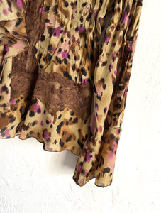 Vintage Y2K Pink and Brown Lace Ruffled Leopard Print Button Down Top