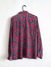 Load image into Gallery viewer, Vintage 80s Silky Red and Blue Paisley Print Faux Pearl Button Down Blouse