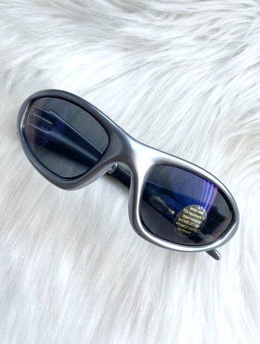 Vintage Y2K Silver and Reflective Blue Wraparound Sunglasses Rave