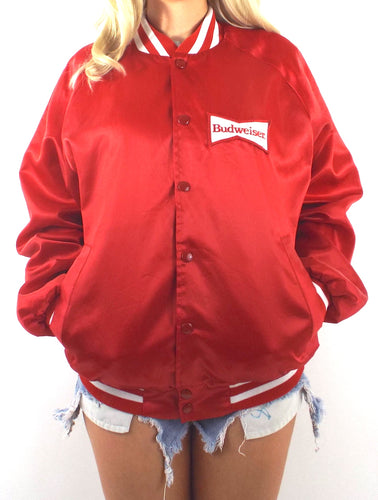 Vintage 80s Red Budweiser Logo Satin Varsity-Style Jacket