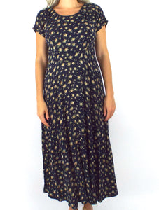 Vintage 90s Yellow Cabbage Rose Floral Print Babydoll Maxi Dress 