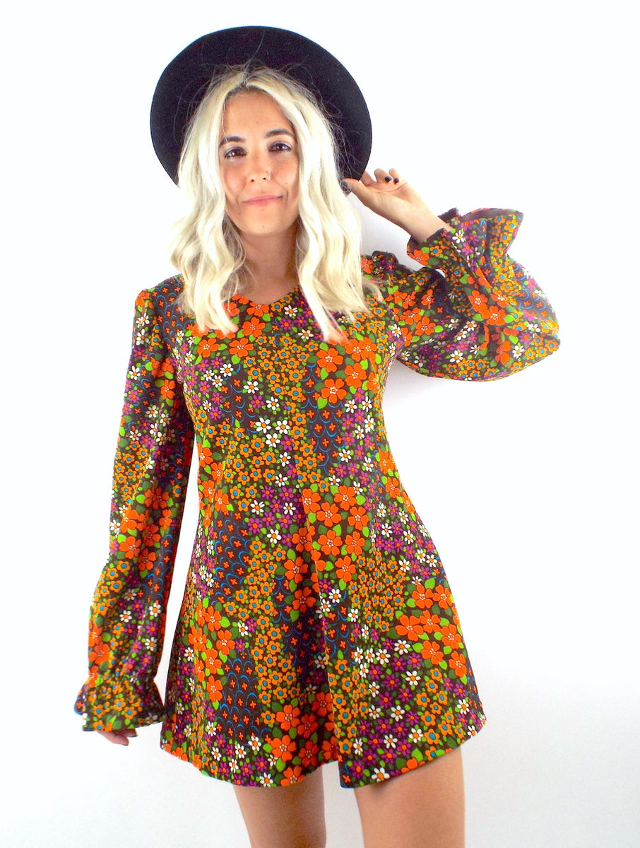 70s floral mini dress Flower Power Vintage 70s Floral Print Mini Dress – Total Recall Vintage