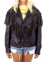 Load image into Gallery viewer, Vintage 80s Distressed Black Leather Fringe Jacket