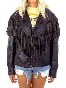 Vintage 80s Distressed Black Leather Fringe Jacket