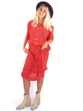 Load image into Gallery viewer, Vintage 80s Red and White Buttondown Cinched Waist Midi Dress