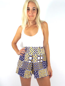 Vintage 70s High-Waisted Blue and Yellow Patchwork Print Shorts -- Size 25
