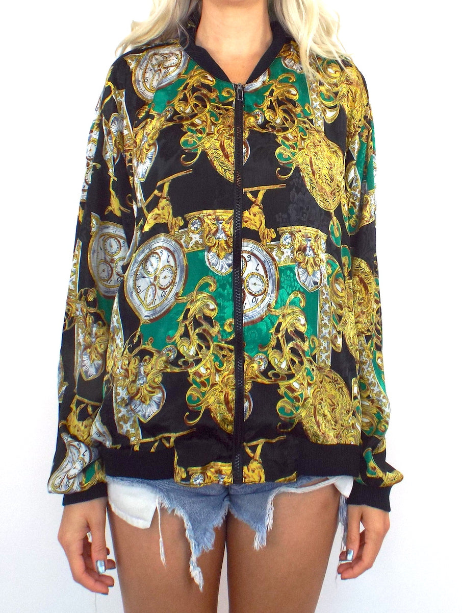 Vintage 80s Baroque-Style Clock Print Bomber Jacket – Total Recall