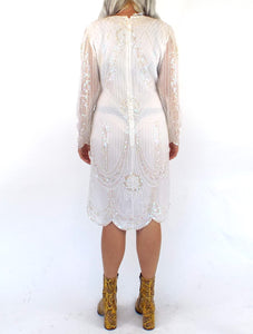 Vintage 80s White Sequined and Beaded Midi Dress