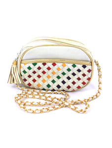 Vintage Rainbow Woven Faux Leather Chain Strap Crossbody Purse