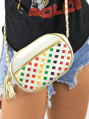 Vintage Rainbow Woven Faux Leather Chain Strap Crossbody Purse