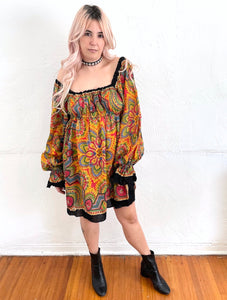 Vintage 70s Colorful Paisley Print Bell Sleeve Dress