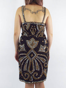 Vintage 80s Silk Gold and Silver Sequined and Beaded Dress