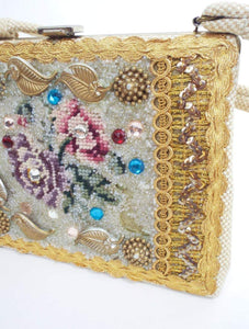 Pure Decadence Vintage Beaded and Bedazzled Needlepoint Flower Purse