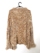 Load image into Gallery viewer, medium length vintage y2k  open front cardigan in a brown and beige palette with fuzzy trim