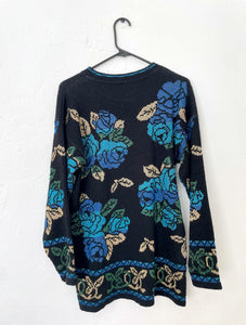 Vintage 80s Metallic Blue Rose Print Sweater Dress - Size Small