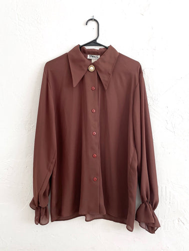 Vintage 70s Sheer Brown Faux Pearl Bell Sleeve Button Down Blouse