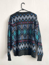 Load image into Gallery viewer, Vintage 80s Grey and Blue Diamond Zig Zag Print Cozy Knit Cardigan