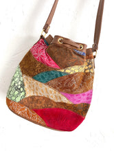 Load image into Gallery viewer, Vintage 80s Colorful Patchwork Print Leather Drawstring Purse