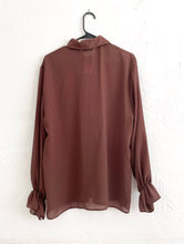 Load image into Gallery viewer, Vintage 70s Sheer Brown Faux Pearl Bell Sleeve Button Down Blouse