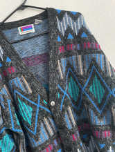 Load image into Gallery viewer, Vintage 80s Grey and Blue Diamond Zig Zag Print Cozy Knit Cardigan
