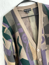 Load image into Gallery viewer, Vintage 80s Purple Green and Brown Abstract Print Cozy Knit Cardigan