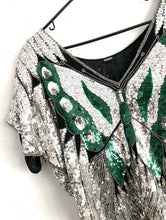 Load image into Gallery viewer, Social Butterfly Vintage 80s Green and Silver Silk Sequined Party Top