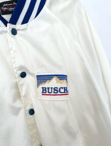 Vintage 80s White and Blue Busch Satin Varsity-Style Jacket