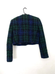 Clueless Vintage 90s Blue and Green Plaid Cropped Wool Blazer - Size Extra Small