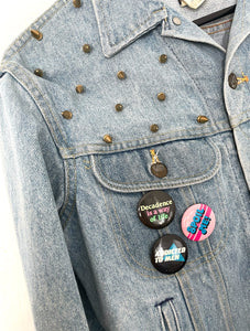 Decadence is a Way of Life Spiked Vintage 90s Denim Jacket with Cute Retro Pins