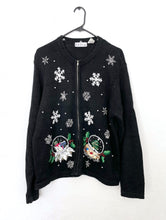 Load image into Gallery viewer, Vintage 90s Beaded Zipper Front Snow Globe Design Ugly Christmas Sweater Cardigan