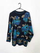 Load image into Gallery viewer, Vintage 80s Metallic Blue Rose Print Sweater Dress - Size Small