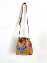 Load image into Gallery viewer, Vintage 80s Colorful Patchwork Print Leather Drawstring Purse