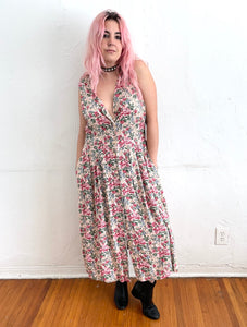Vintage 90s Pink Cabbage Rose Floral Print Button Down Maxi Dress