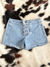 Load image into Gallery viewer, Vintage Y2K High-Waist Light Wash Lace Up Denim Shorts -- Size 26