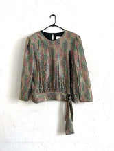 Load image into Gallery viewer, Vintage 80s Iridescent Gold Tie Bottom Sequined Party Top