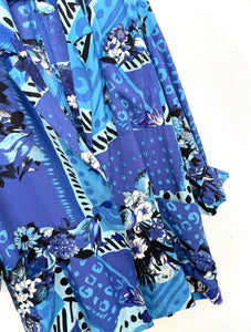 Vintage 80s Oversized Long Blue Floral Print Blazer