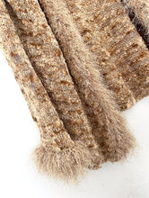 Load image into Gallery viewer, medium length vintage y2k  open front cardigan in a brown and beige palette with fuzzy trim