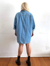 Load image into Gallery viewer, Vintage 90s Rhinestone Leopard Print Detail Denim Shirtdress