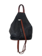 Load image into Gallery viewer, Black backpack with brown straps on a white background