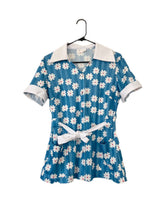 Load image into Gallery viewer, Vintage 70s Blue and White Tie Front Floral Floral Print Button Down