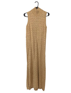 Vintage 90s Metallic Gold Chunky Knit Turtleneck Midi Dress