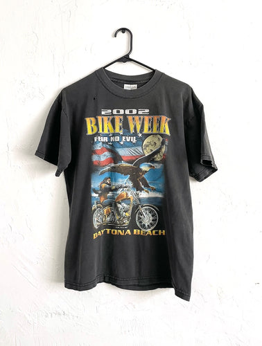 Vintage Y2K Distressed and Faded Fear No Evil Bike Week 2002 Tee 2000s small