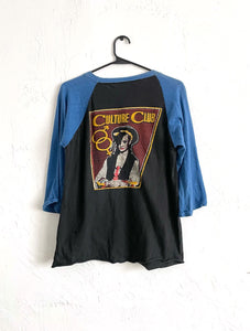 Vintage 80s Distressed Black and Blue Culture Club Kissing to be Clever Baseball Tee