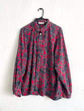 Load image into Gallery viewer, Vintage 80s Silky Red and Blue Paisley Print Faux Pearl Button Down Blouse