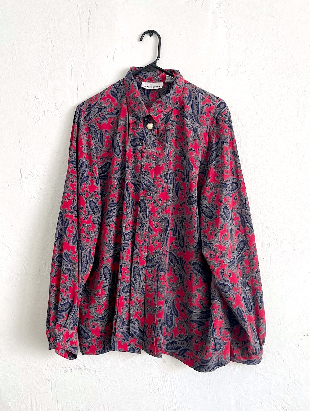 Vintage 80s Silky Red and Blue Paisley Print Faux Pearl Button Down Blouse