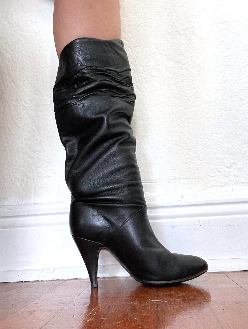 Vintage 80s Tall Black Leather Slouchy Boots -- Size 37